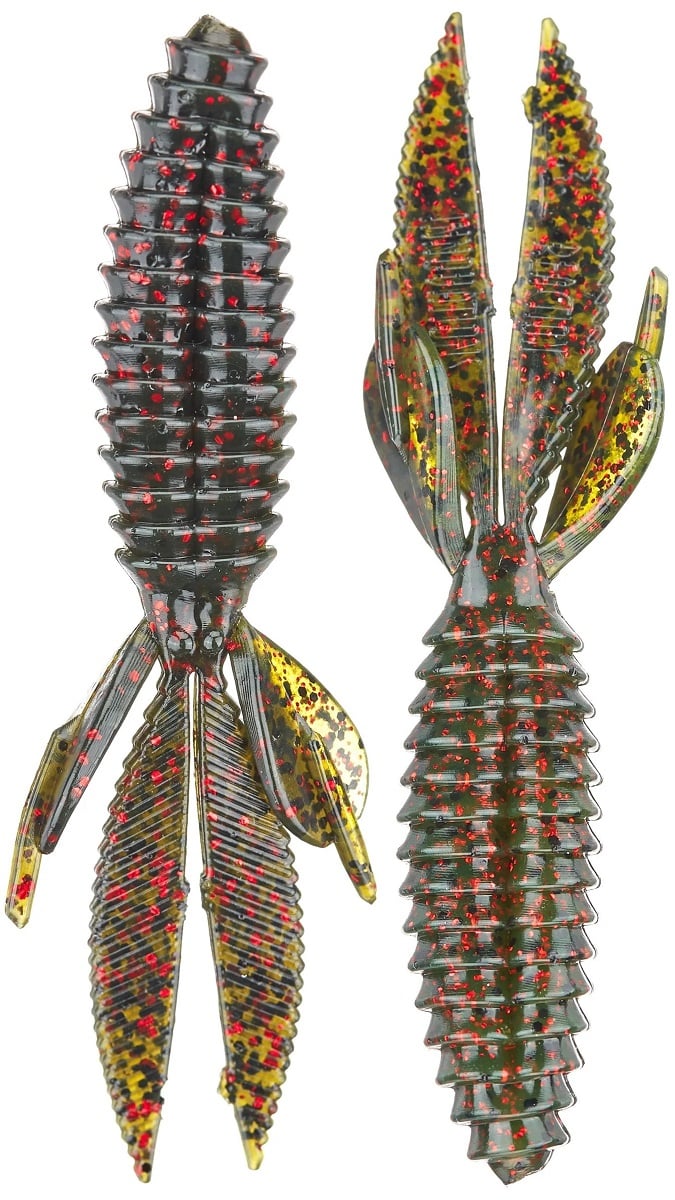 The Reaction Innovations Sweet Beaver 4.20 features two segmented, ribbed soft plastic lures with dark green and red glitter colors. Its leaf-like appendages expertly imitate aquatic creatures, making them perfect flipping baits or a must-have for any angler's tackle box.