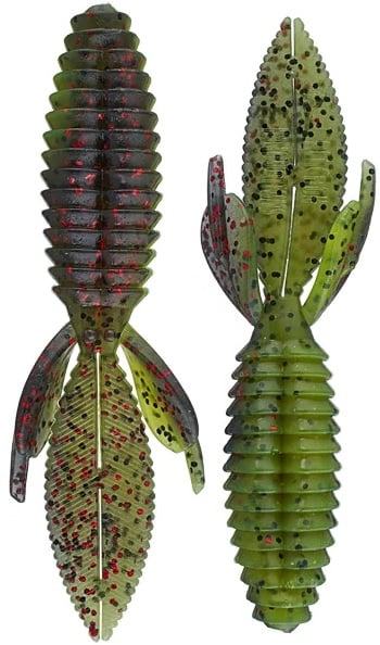 Two Reaction Innovations Sweet Beaver 4.20 lures feature ribbed, leaf-shaped designs in green with black and red specks. One lies flat to show its ridged body, while the other is upright to highlight curved fins. Ideal flipping bait for anglers using the Sweet Beaver technique.