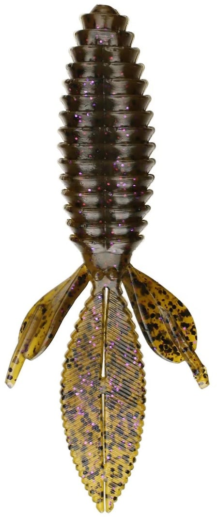 The Reaction Innovations Sweet Beaver 4.20 is a brown, ribbed soft plastic lure ideal for flipping bait. It has a tapered body flecked with purple, four fin-like appendages, and ends with two distinctive leaf-shaped tails.