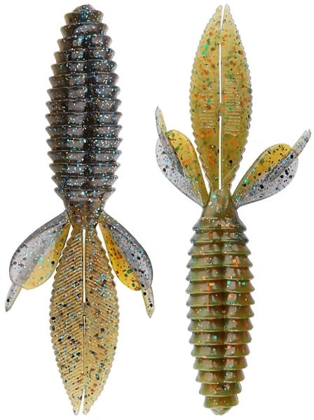 The Reaction Innovations Sweet Beaver 4.20 features two soft plastic lures with ribbed bodies and wing-like appendages that mimic insects. Ideal for flipping bait, one is dark with blue glitter, and the other is yellow-green with silver glitter to allure fish.