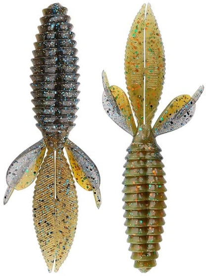 The Reaction Innovations Sweet Beaver 4.20 features two soft plastic lures with ribbed bodies and wing-like appendages that mimic insects. Ideal for flipping bait, one is dark with blue glitter, and the other is yellow-green with silver glitter to allure fish.