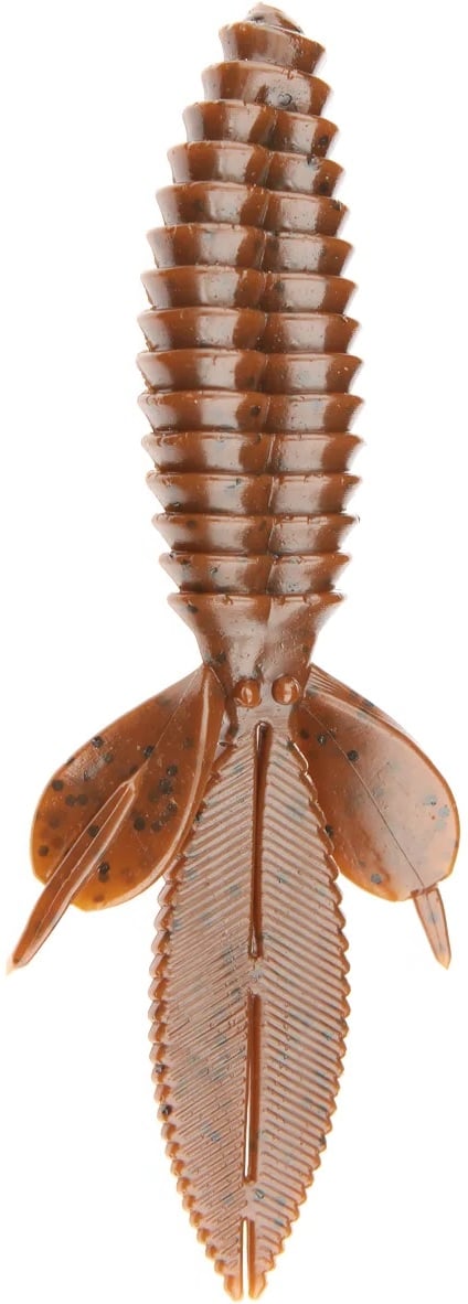 The Reaction Innovations Sweet Beaver 4.20 is a brown, ribbed soft plastic flipping bait from Reaction Innovations with a tapered body, featuring two flat fin-like appendages on each side and small black speckles to entice fish.