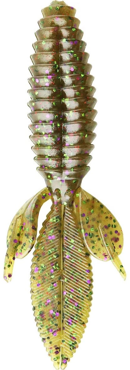 The Reaction Innovations Sweet Beaver 4.20 is a translucent, ribbed soft plastic lure with two fins and a leaf-like tail, olive green with purple and green glitter speckles. It provides a shiny, textured surface ideal for flipping bait enthusiasts.