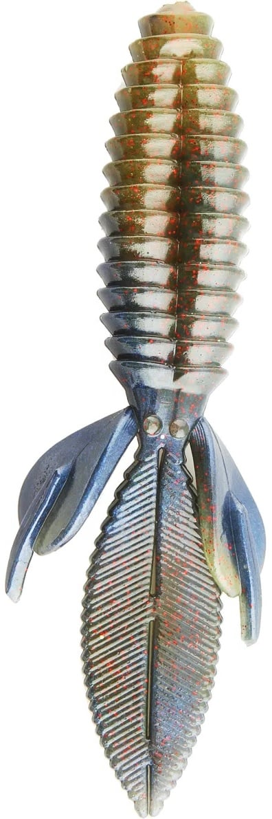 The Reaction Innovations Sweet Beaver 4.20 is a ribbed, metallic multicolored soft plastic fishing lure shaped like an insect or aquatic creature. It resembles a Sweet Beaver with wing-like appendages and a segmented tail, making it perfect as flipping bait for enticing fish with lifelike movement.