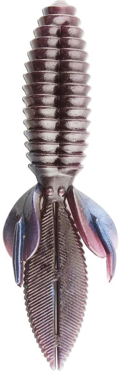 Close-up of the Reaction Innovations Sweet Beaver 4.20 fishing lure in dark purple and blue, featuring a ribbed, segmented body with two fin-like bottom appendages. Its textured and shiny surface makes it an ideal flipping bait for precision-seeking anglers.