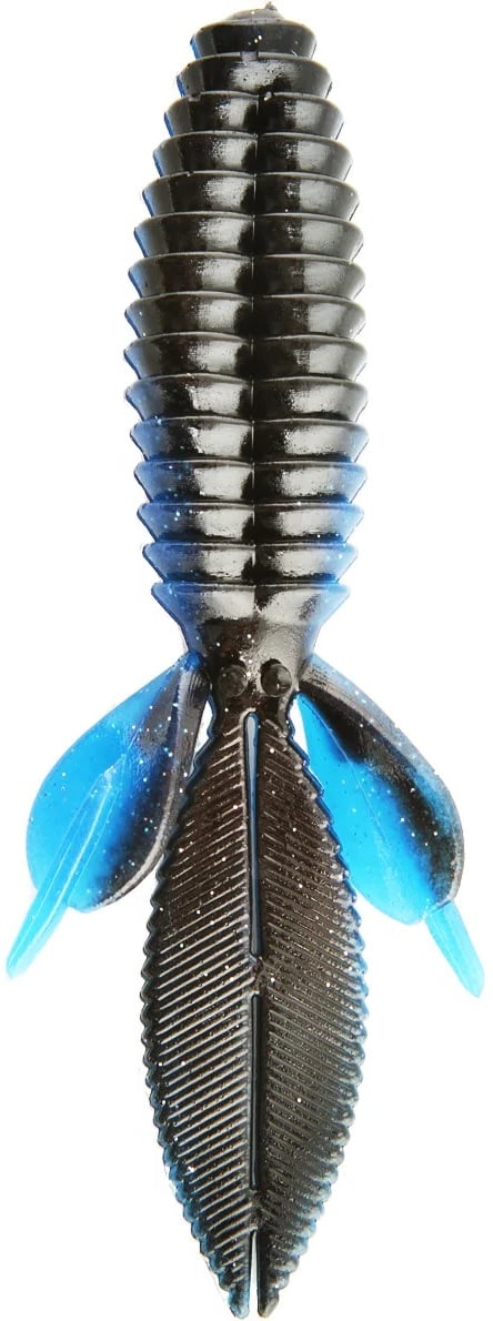 The Reaction Innovations Sweet Beaver 4.20 is a dark-colored, ribbed, fish-shaped soft plastic lure featuring two blue fins. It has a shiny texture with a segmented design, resembling a stylized aquatic creature or flipping bait.