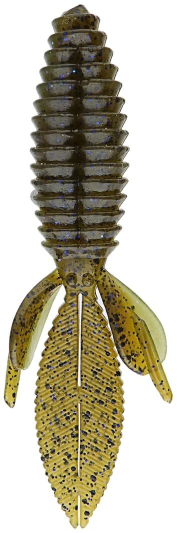 The Reaction Innovations Sweet Beaver 4.20 is a soft plastic lure featuring a textured, green and brown ribbed body with flat, leaf-like appendages. It’s speckled in black and blue to mimic an insect or crustacean, enticing catches effectively.