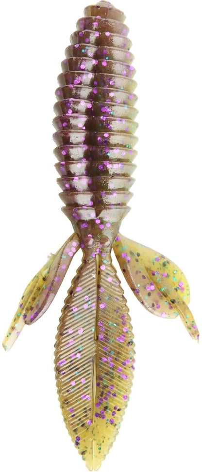 The Reaction Innovations Sweet Beaver 4.20 is a soft plastic flipping bait from Reaction Innovations with a ribbed, elongated body in brown with purple accents, side fins, and colorful glitter in green, pink, and yellow that shimmers enticingly.