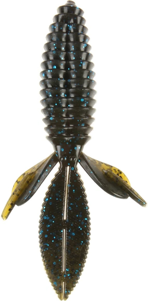 A close-up of the Reaction Innovations Sweet Beaver 4.20 soft plastic lure shows its insect-like design, featuring a ribbed body, two small side wings tinged with translucent yellow shimmer, and a tail speckled with blue glitter.