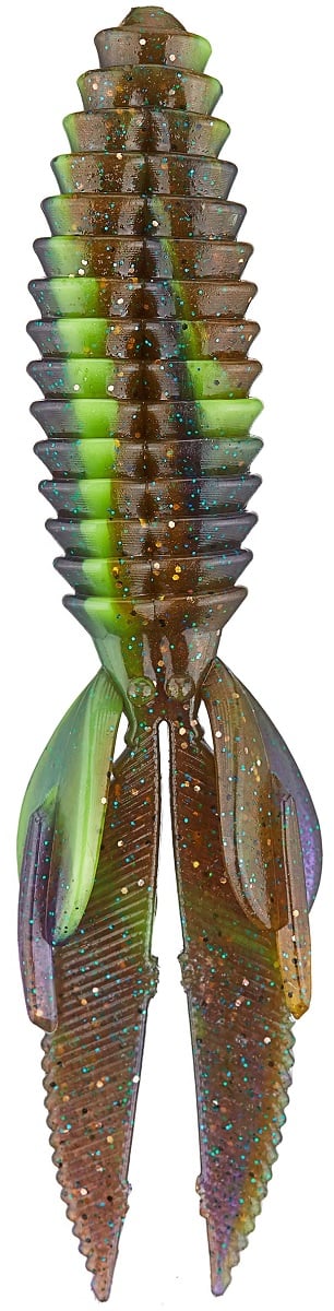 The Reaction Innovations Sweet Beaver 4.20 is a vibrant, segmented, ribbed worm-like lure in green, brown, and purple with dual tail-like appendages and glittery spots.