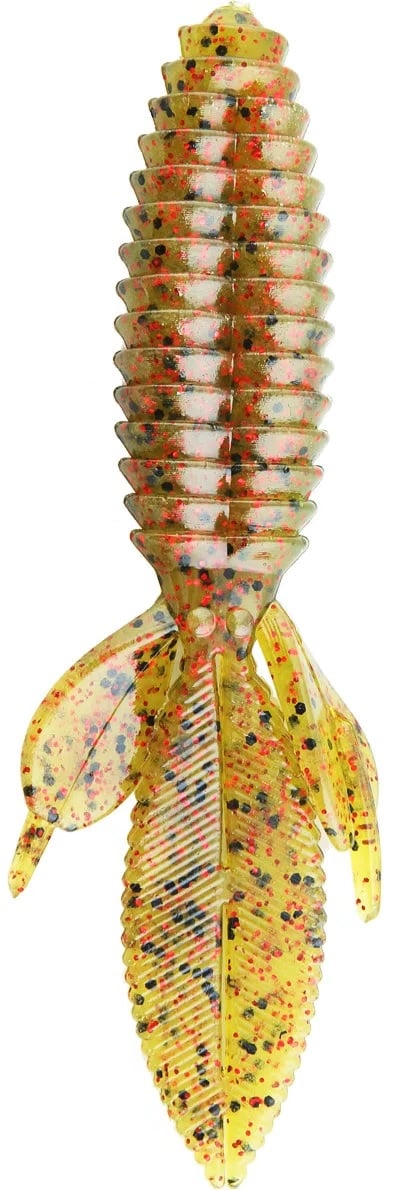 The Reaction Innovations Sweet Beaver 4.20 by Reaction Innovations is a translucent, ridged, soft plastic lure shaped like an aquatic creature. It features a streamlined body, flat tail, and fin-like appendages in yellow with red and black speckles, ideal flipping bait for anglers.