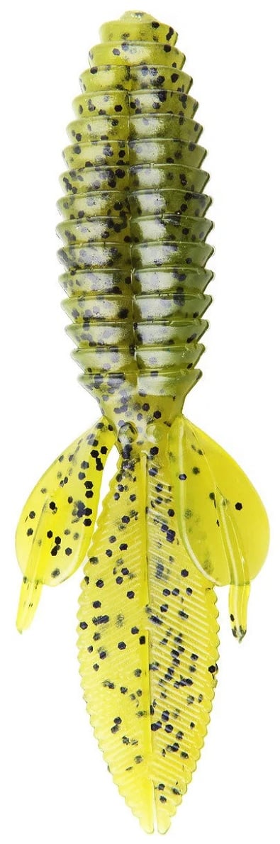 The Reaction Innovations Sweet Beaver 4.20 is a vibrant yellow and green speckled soft plastic lure with a ribbed body, two side flaps, and a long tail—ideal for flipping bait enthusiasts aiming to catch the fish of the day.