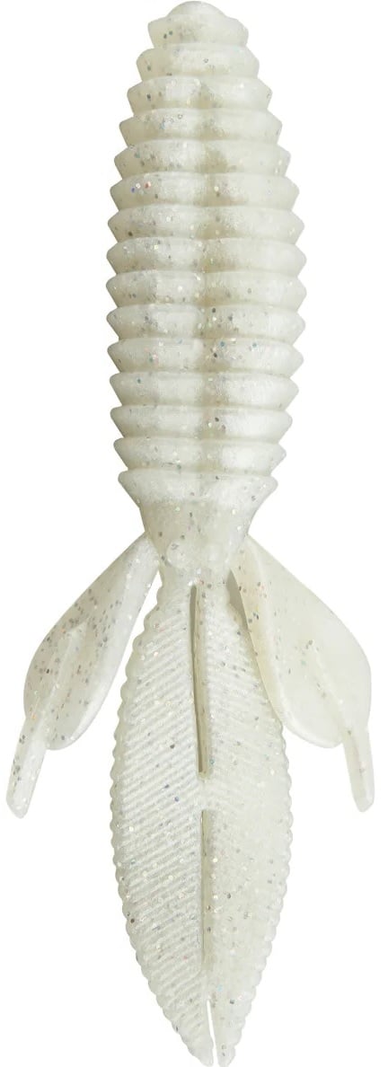 The Reaction Innovations Sweet Beaver 4.20 fishing lure features a white ribbed design with silver glitter, a segmented cylindrical body, side fins, and a long paddle tail.