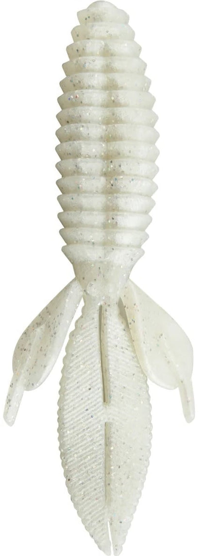 The Reaction Innovations Sweet Beaver 4.20 fishing lure features a white ribbed design with silver glitter, a segmented cylindrical body, side fins, and a long paddle tail.