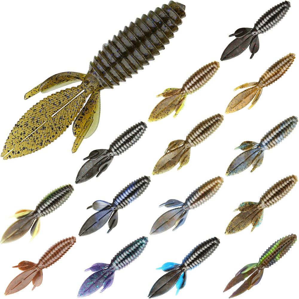 A grid of Reaction Innovations Sweet Beaver 4.20 soft plastic lures, designed like insects with ribbed bodies and multiple appendages, is displayed in assorted colors and patterns against a white background.