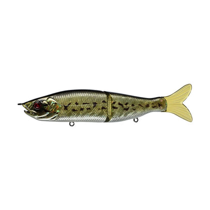 The River2Sea S-Waver Swimbait, crafted by River2Sea, is a lifelike fishing lure expertly designed to mimic a fish. Its greenish body adorned with dark spots, combined with a yellowish tail and jointed middle section, creates a convincing S-Action swimming motion. Equipped with hooks, this swimbait is ideal for your next fishing adventure.