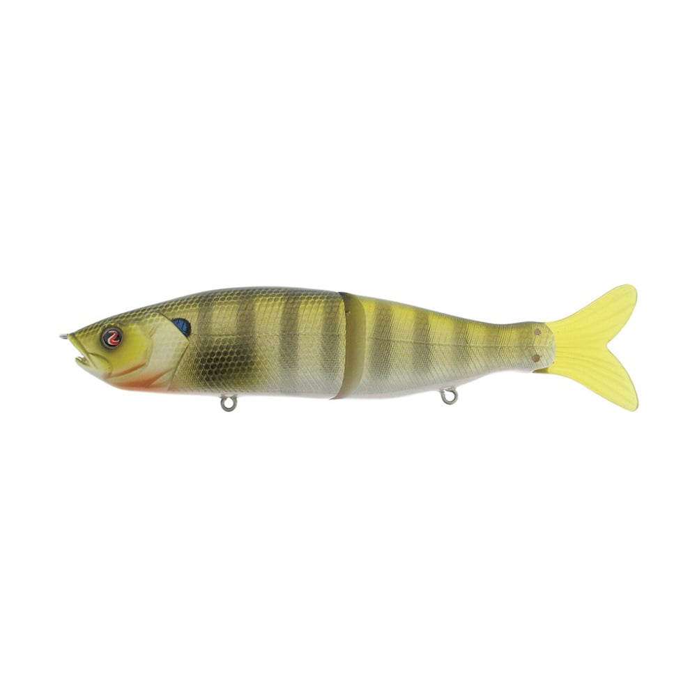 The River2Sea S-Waver Swimbait by River2Sea showcases a segmented design in green and yellow, with realistic fish detailing such as stripes and a red eye. Its jointed sections paired with a yellow tail fin enable the bait to produce an authentic S-Action swimming motion, skillfully imitating a small fish.