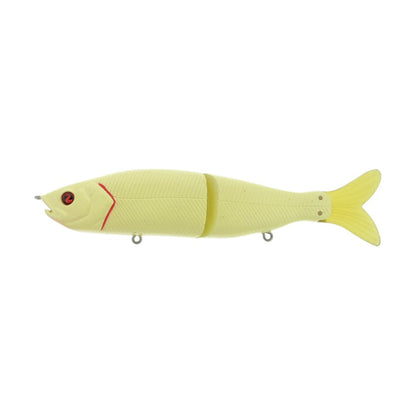 The River2Sea S-Waver Swimbait by River2Sea is a lifelike two-section fishing lure designed to mimic a fish, exhibiting an S-Action swimming motion. It sports a white body complemented by a bright yellow tail, red eyes, and intricate line markings on its body.