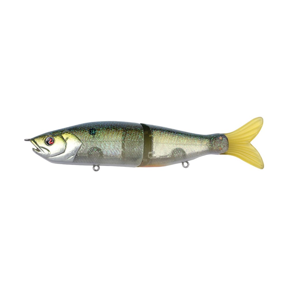 Introducing the River2Sea S-Waver Swimbait: a fishing lure with a segmented design, showcasing a shiny green body, yellow tail, and red eyes. It is crafted to exhibit an S-Action swimming motion that skillfully replicates the natural movements of a real fish.