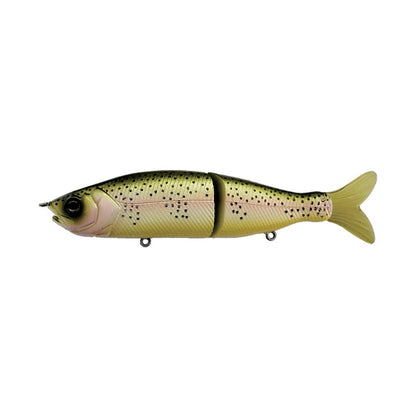 The River2Sea S-Waver Swimbait, designed by River2Sea, is a segmented fishing lure that mimics a fish with its green and yellow gradient color, black spots along the side, and realistic eye. Its jointed body creates an S-Action swimming motion that is ideal for attracting predatory fish.