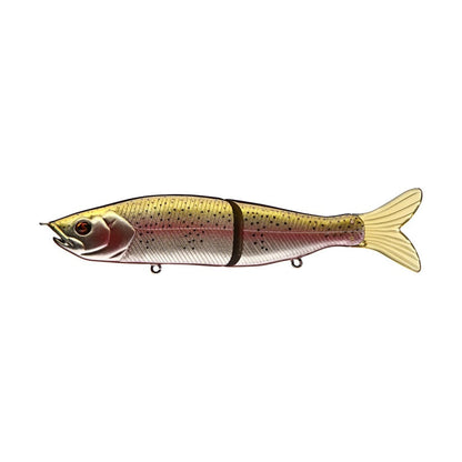 The River2Sea S-Waver Swimbait, crafted by River2Sea, is a highly realistic fish-shaped lure that boasts a metallic shiny body with detailed scales and a pink stripe along its side. It is equipped with lifelike eyes and natural tail fins, while its two jointed sections generate an enticing S-Action swimming motion.