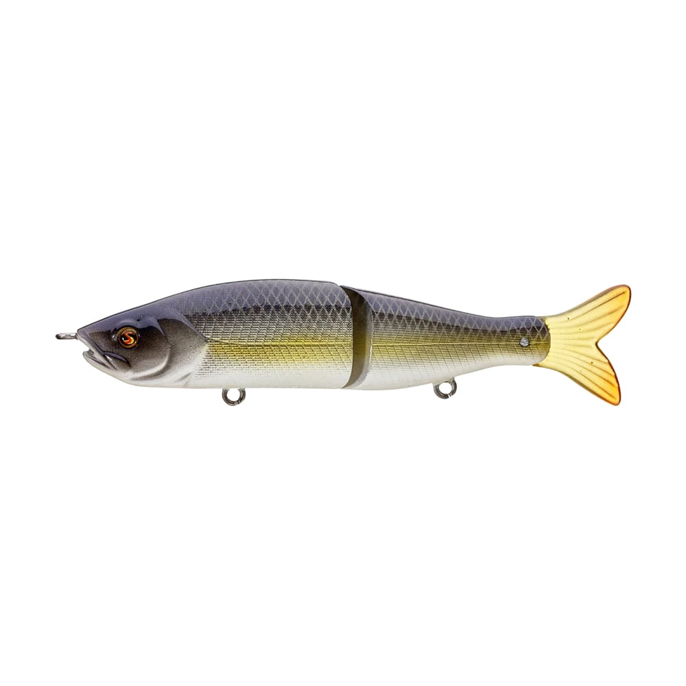 Discover the River2Sea S-Waver Swimbait by River2Sea: a lifelike, segmented fish lure featuring a gray-to-green gradient body and an eye-catching yellow tail. This lure showcases an S-Action swimming motion, enhanced with detailed scales and equipped with dual metal loops for hooks, making it ideal for mimicking the movement of a real swimming fish.