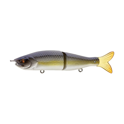 Discover the River2Sea S-Waver Swimbait by River2Sea: a lifelike, segmented fish lure featuring a gray-to-green gradient body and an eye-catching yellow tail. This lure showcases an S-Action swimming motion, enhanced with detailed scales and equipped with dual metal loops for hooks, making it ideal for mimicking the movement of a real swimming fish.