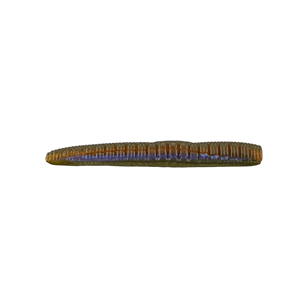 The Roboworm NED Worm by Roboworm, featuring a ribbed texture in classic brown and blue colors, is a segmented, worm-like fishing lure. Horizontally aligned on a plain white background, it's an ideal addition to your ned rig setup.