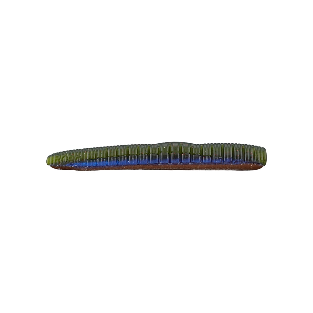 A Roboworm NED Worm, segmented in green and blue hues similar to a drop shot rig, is prominently displayed against a simple white background.