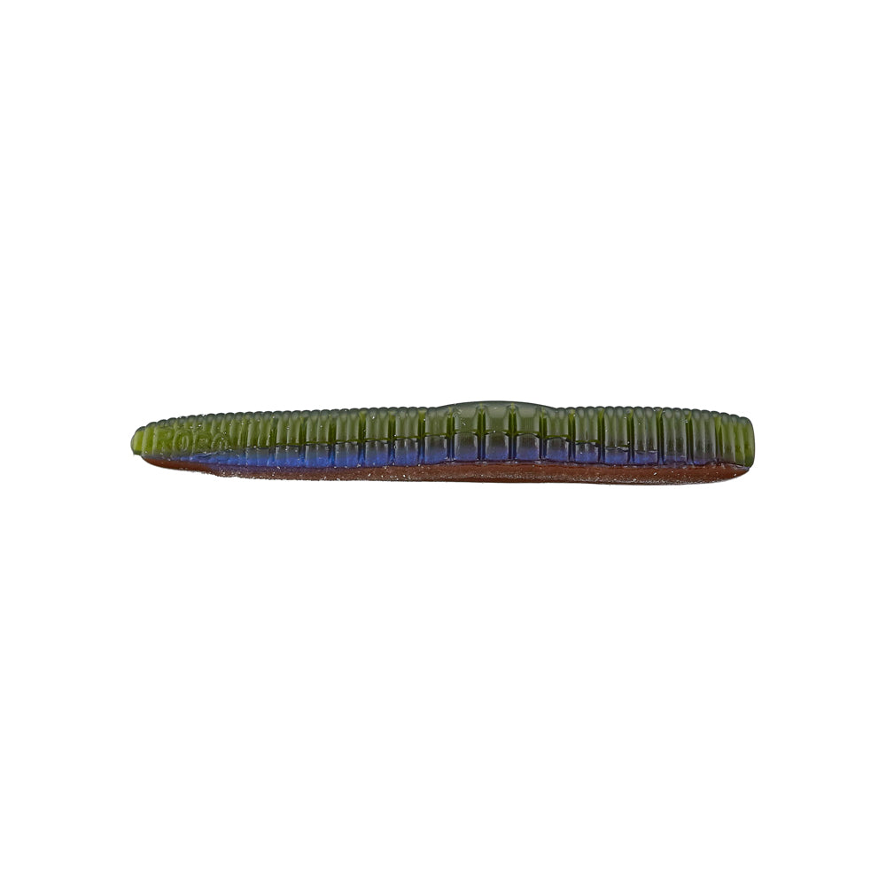 A close-up of the Roboworm NED Worm by Roboworm reveals its two-tone color scheme, featuring green on top and deep blue below. Designed with a ribbed worm appearance, this lure is ideal for a drop shot setup.