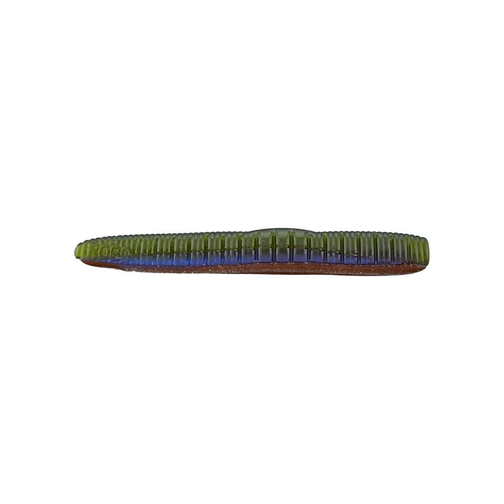 A detailed look at the segmented, green and blue Roboworm NED Worm from Roboworm, ideal for drop shot fishing.