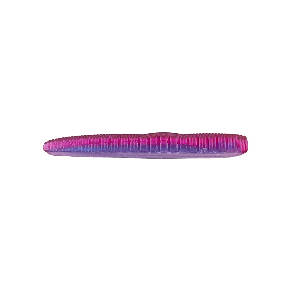 The Roboworm NED Worm, a segmented soft plastic fishing lure by Roboworm, features a ribbed texture and is ideal for a ned rig setup. It boasts pink and purple hues and is showcased on a plain white background.