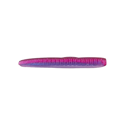 The Roboworm NED Worm, a segmented soft plastic fishing lure by Roboworm, features a ribbed texture and is ideal for a ned rig setup. It boasts pink and purple hues and is showcased on a plain white background.