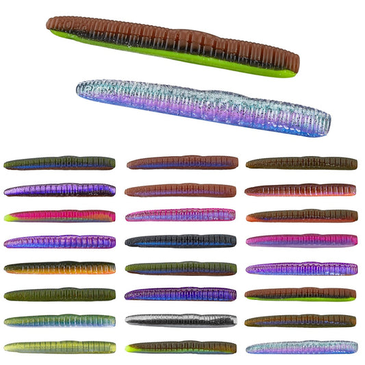 The Roboworm NED Worm, offered by the brand Roboworm, is a collection of vibrant soft plastic fishing lures presented in rows. These lures exhibit worm-like shapes perfect for a ned rig and come in an array of colors featuring green, brown, and purple tones. Some designs incorporate multiple colors, making these lures a versatile tool for anglers.