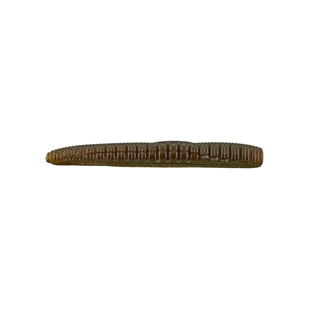 A Roboworm NED Worm in brown, featuring a ribbed, smooth surface with a segmented texture that mimics the appearance of an earthworm, is set against a white background. This plastic toy playfully reflects Roboworm's nature-inspired design.