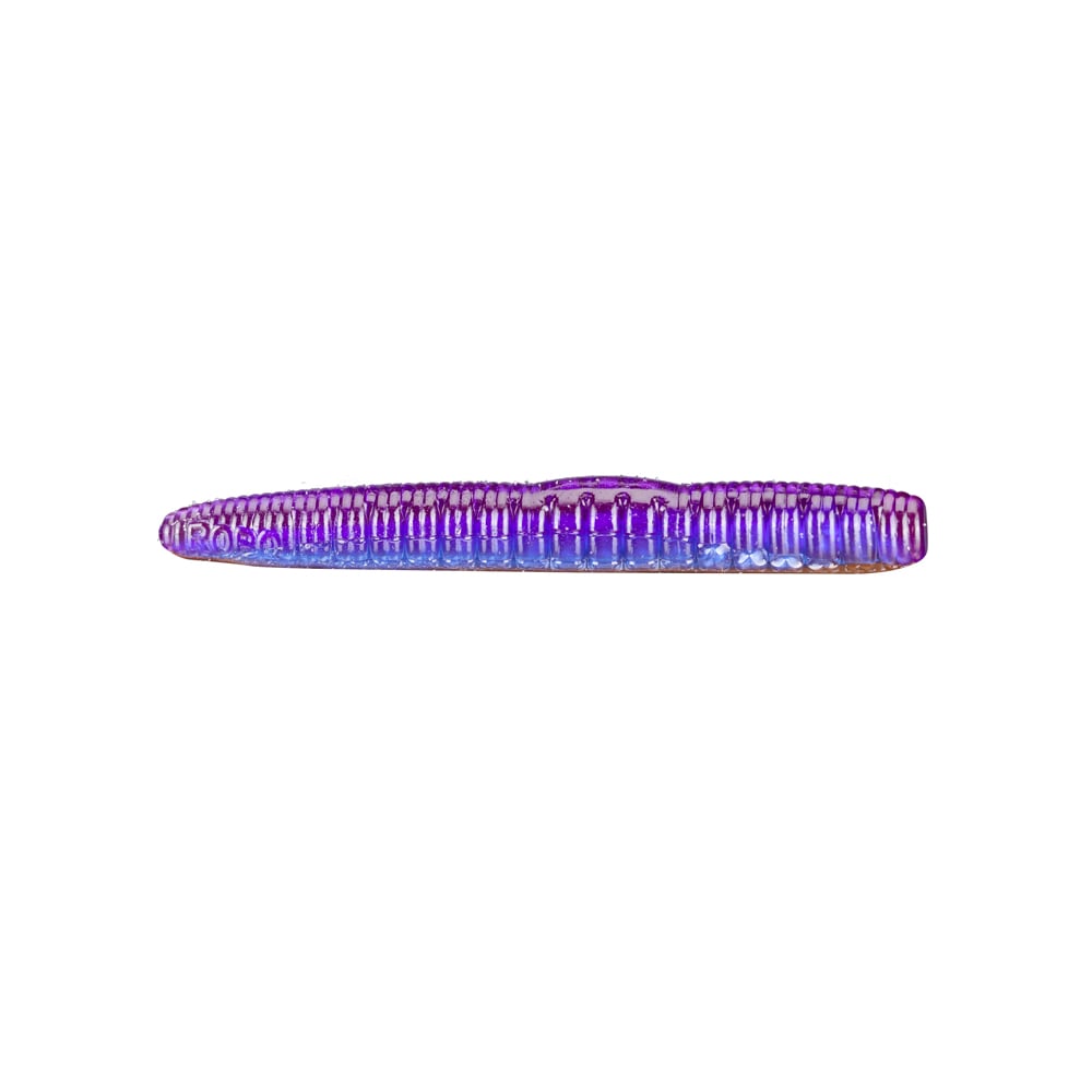 A close-up of a Roboworm NED Worm, which features segmented purple and blue coloring ideal for a ned rig, displayed against a white background.