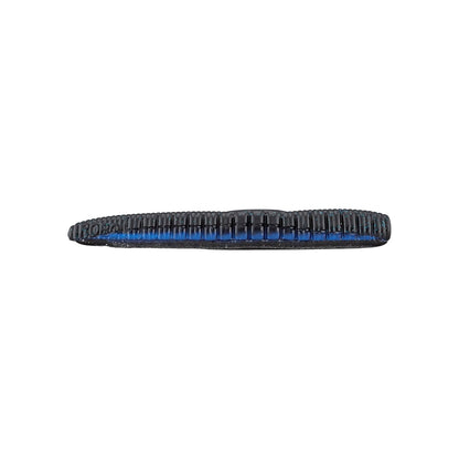 A close-up of a Roboworm NED Worm in black and blue, featuring a ribbed design perfect for drop shot techniques, displayed horizontally against a plain white background.