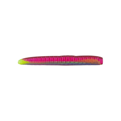 The Roboworm NED Worm, a multicolored soft plastic fishing lure by Roboworm, showcases horizontal ridges and an iconic gradient of bright hues such as green, pink, and orange on a white background.