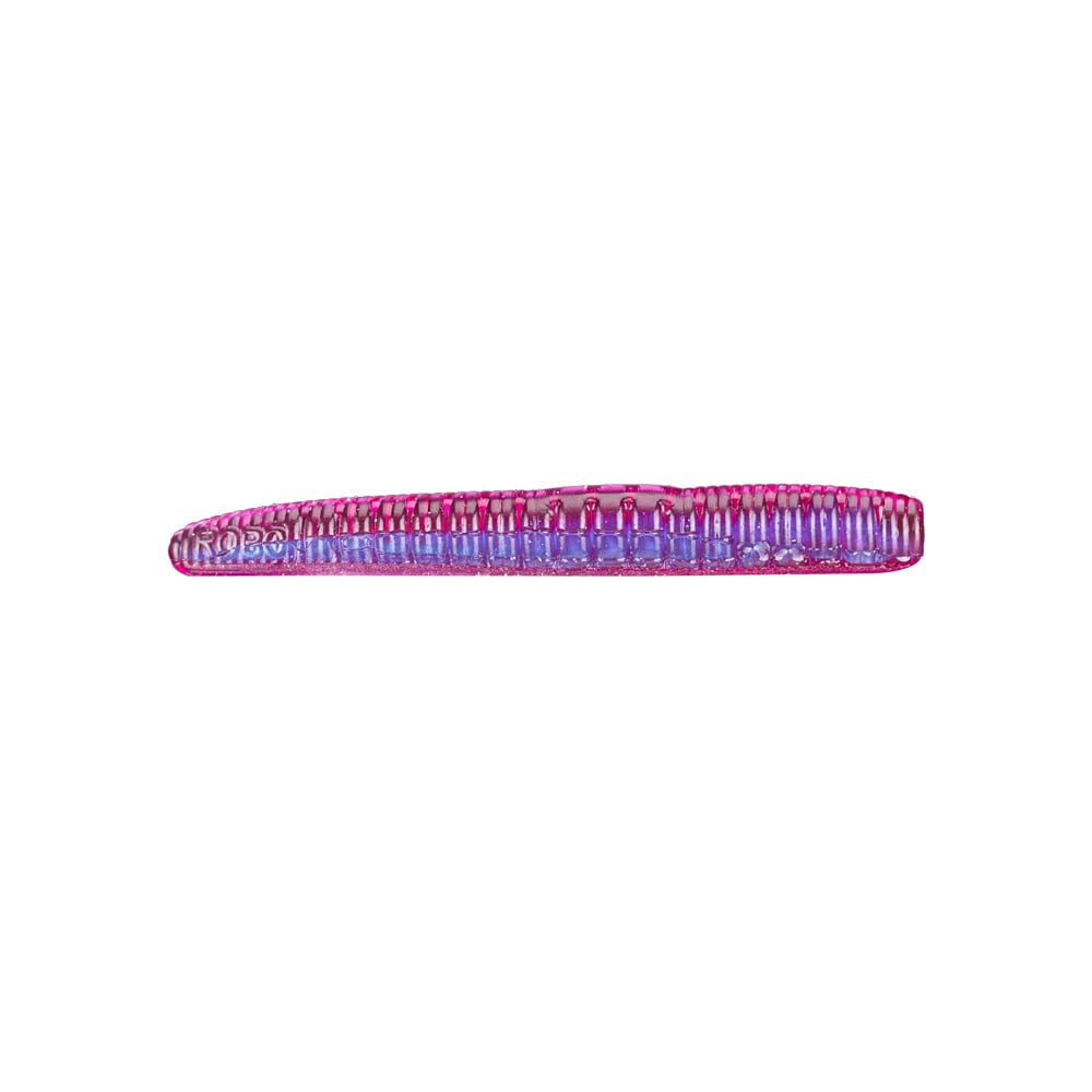 A close-up image of a hair clip in pink and purple hues, reminiscent of the Roboworm NED Worm colors, features a ribbed pattern and glossy finish. The clip is centrally positioned against a clean white background.