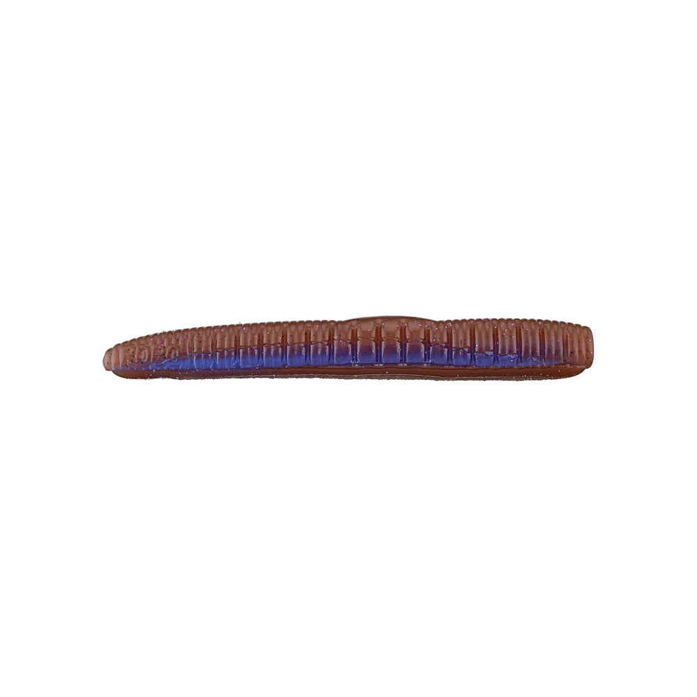 The Roboworm NED Worm, a segmented fishing lure by Roboworm, features a reddish-brown and blue coloration and an elongated worm shape, making it ideal for a ned rig setup. It is displayed horizontally on a plain white background.