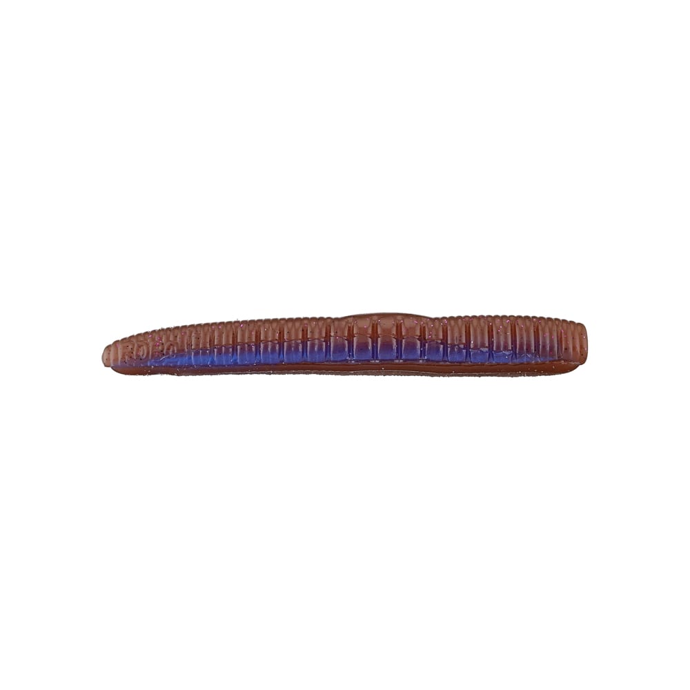 Introducing the Roboworm NED Worm by Roboworm, a soft plastic fishing lure expertly crafted in brown and blue to resemble a worm. Its ribbed texture and slightly tapered body are designed to mimic live bait, making it ideal for enhancing versatility in various fishing conditions, especially when used with the drop shot technique.