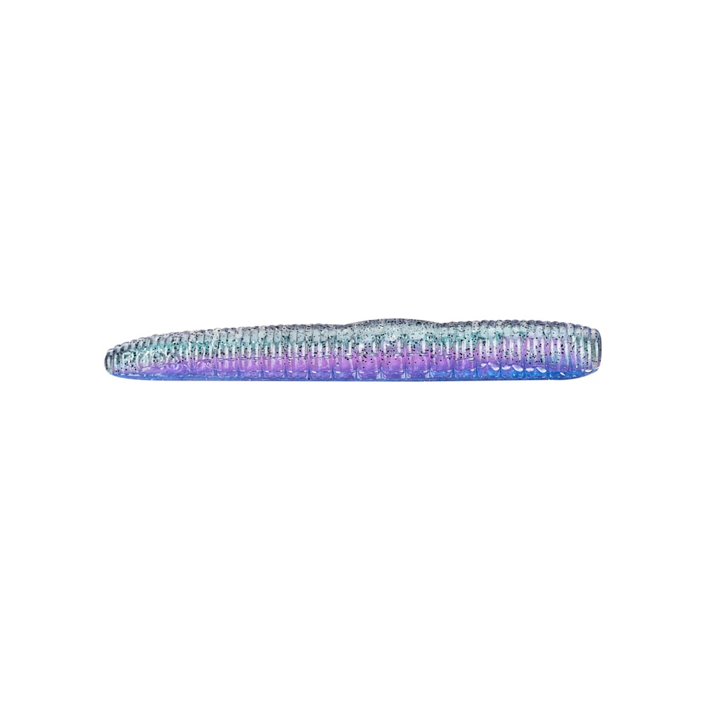 The item is a vibrant and glossy Roboworm NED Worm crafted to resemble a soft plastic fishing bait. It features a ribbed texture with dazzling blue and purple hues, making it ideal for attracting fish.