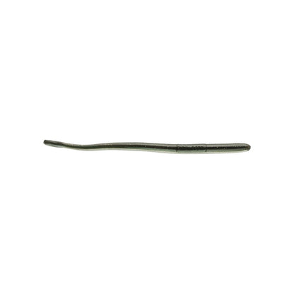 A single Roboworm Straight Tail Worm, a dark green fishing lure shaped like a worm with a smooth, elongated, and slightly curved body, is featured on a plain white background.