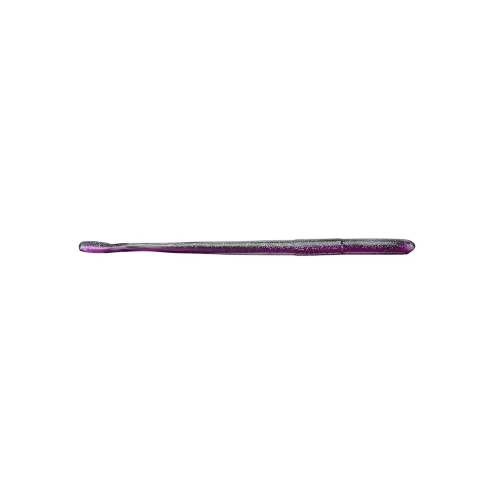 Introducing the Roboworm Straight Tail Worms from Roboworm, a soft plastic fishing lure in purple and black with a slim, tapered design. Its triple color pours are complemented by a smooth texture and slight shimmer, while the salt release system enhances its allure for attracting fish.