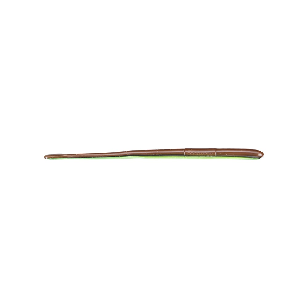 A crochet hook featuring a smooth, tapered design with an ergonomic handle that transitions in color from brown to green, reminiscent of the Roboworm Straight Tail Worms. It is positioned horizontally against a plain white background.