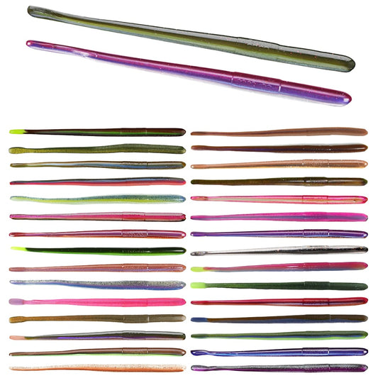 A lineup of Roboworm Straight Tail Worms, featuring a sleek design and a shiny finish typical of the Roboworm brand, showcased in bold shades such as purple, green, and blue. Each lure is horizontally arranged against a white backdrop.