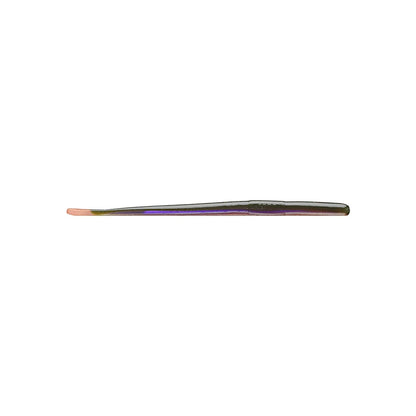 A close-up of a metallic, iridescent tweezer with a slanted tip on a white background, inspired by the precision of Roboworm Straight Tail Worms from Roboworm.