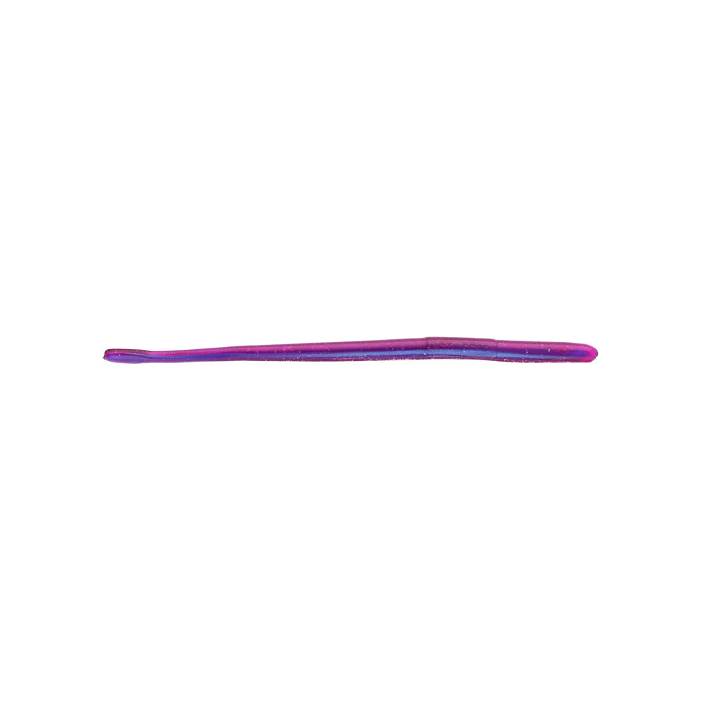 A single Roboworm Straight Tail Worm, in shades of purple and pink reminiscent of triple color pours, rests elegantly on a white background.