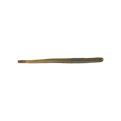 A solitary, slender crochet hook with a sleek, curved handle lies horizontally on an unadorned white surface, echoing the precision associated with Roboworm's Straight Tail Worms.