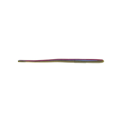 A vibrant Roboworm Straight Tail Worm from the Roboworm brand, featuring a sleek design reminiscent of a fishing lure or artificial bait on a plain white background. It showcases an array of purple, pink, and green colors and utilizes an innovative salt release system to enhance its attractiveness to fish.